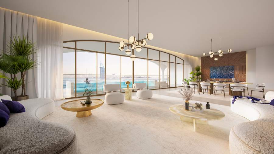 Ocean House by Ellington — living and dining room render opening to the sea